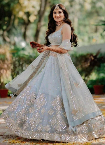 Party Wear Soft Net Foil Mirror Work Net Grey Lehenga Choli